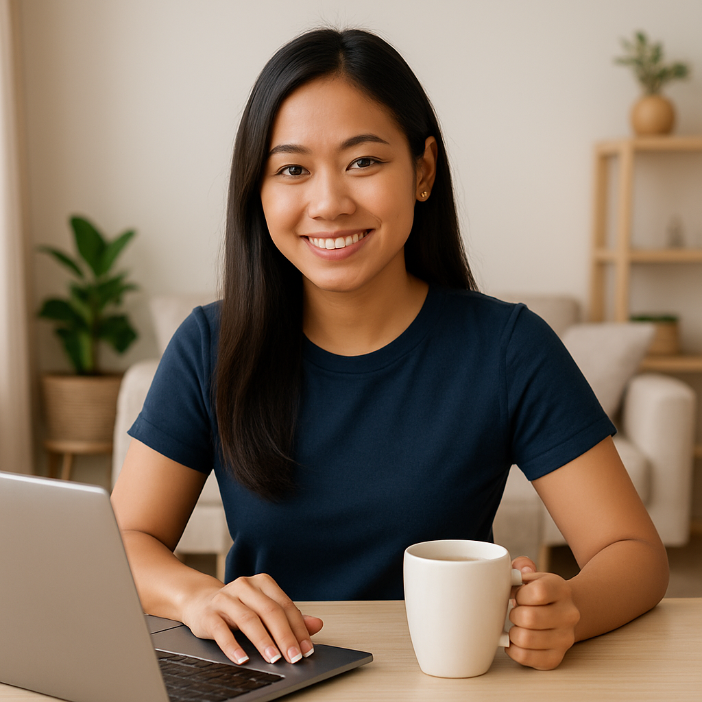 Young woman working remotely as chat moderator